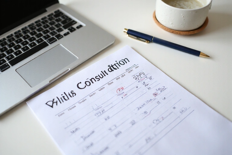 Ein Kalender mit einem markierten Termin für eine Online-Beratung, umgeben von einem Laptop und Notizen.